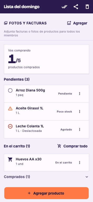 Lista de compras de toolis con productos pendientes, con poco stock, agotados y en el carrito