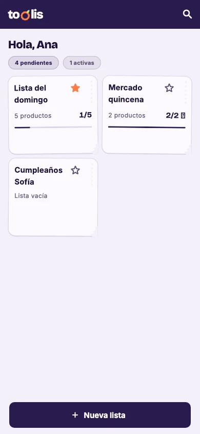 Pantalla de inicio de toolis con las listas y el botón Nueva lista